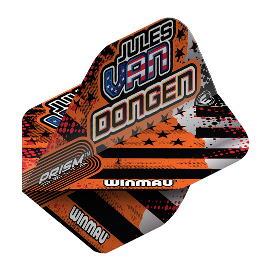 Das Bild zeigt die Winmau Prism Delta Jules Van Dongen Standard Flights. Die Flights haben ein auffälliges Design mit orangenen, schwarzen und weißen Farben sowie dem Namen "Jules Van Dongen" aufgedruckt.