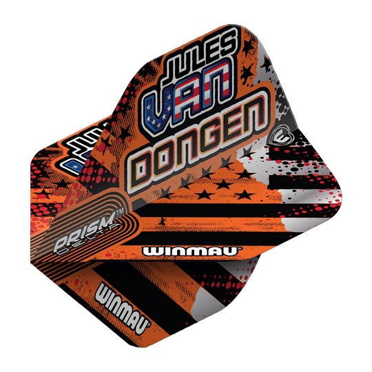 Winmau Prism Delta Jules Van Dongen Standard Flights Das Bild zeigt die Winmau Prism Delta Jules Van Dongen Standard Flights. Die Flights haben ein auffälliges Design mit orangenen, schwarzen und weißen Farben sowie dem Namen "Jules Van Dongen" aufgedruckt.