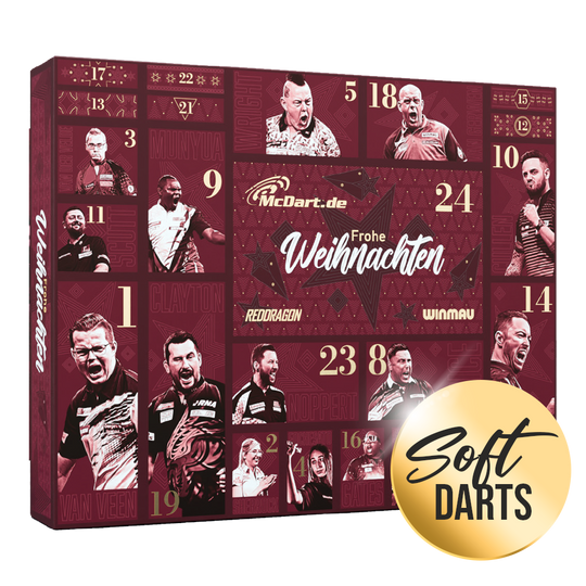 McDart Premium Advent Calendar 2026 for Soft Dart Players Zu sehen ist der McDart Premium Adventskalender 2026 für Softdart-Spieler. Der Kalender enthält exklusive Überraschungen rund um Softdarts.