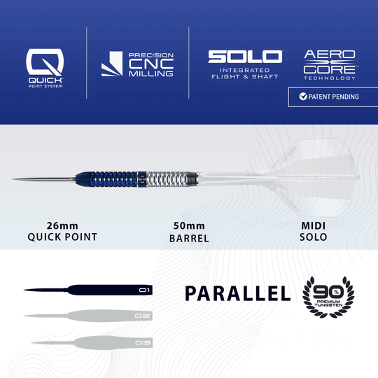 Das Bild zeigt Harrows GEO Parallel Quick Point Steeldarts. Der Pfeil und sein Aussehen werden präsentiert.