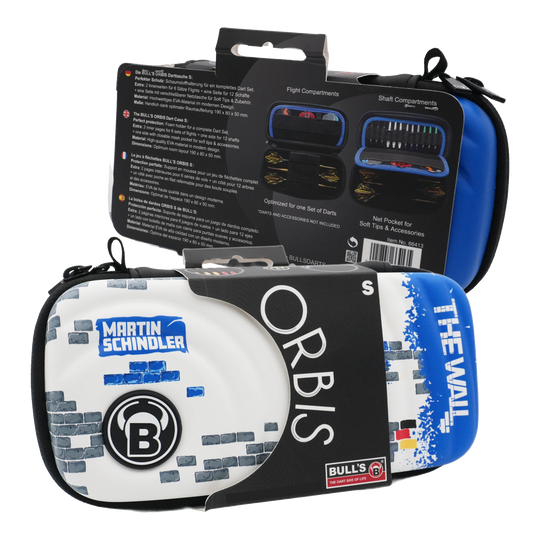 Bulls Orbis S Martin Schindler dart case Das Bild zeigt das Produkt "Bulls Orbis S Martin Schindler Dartcase" in einer Verpackung. Das Dartcase ist bunt gestaltet und trägt den Namen "Martin Schindler" sowie "The Wall".