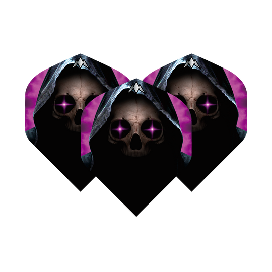 Das Bild zeigt drei Dart-Flights mit einem Totenkopf in einer dunklen Kapuze und leuchtenden lila Augen. Der Hintergrund ist schwarz mit lila Akzenten.