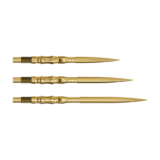 Harrows Quick Point Axis Elite Series Dart Tips - Gold Die Harrows Quick Point Axis Elite Series Dartspitzen in Gold sind auf dem Bild zu sehen. Mehrere goldene Dartspitzen liegen nebeneinander.