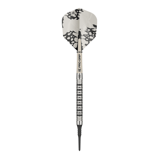 Target EXO 11 Soft Darts Dies ist ein Softdart des Modells "Target EXO 11". Er hat ein silbernes Barrel mit Rillen und ein Flight mit schwarz-weißem Muster.