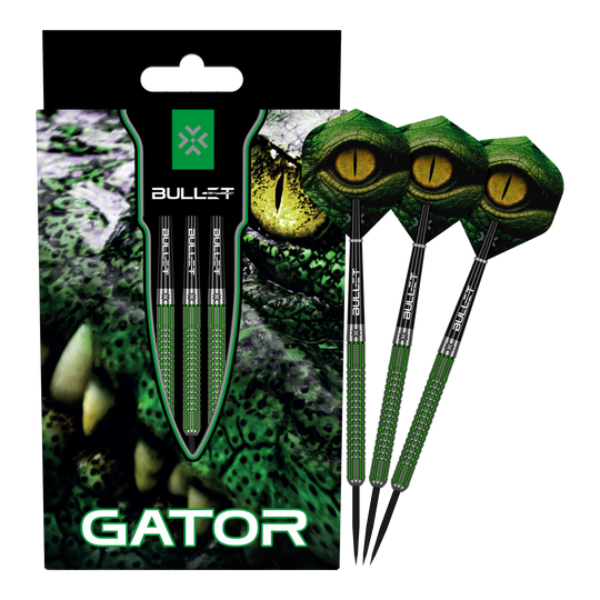 Das Bild zeigt die Bullet Gator Steeldarts. Es handelt sich um Steeldarts für den Präzisions-Dartsport.