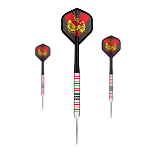 Shot Michael Smith Plated Brass Steeldarts - 24g Das Bild zeigt drei Steeldarts mit silbernen und roten Rillen sowie schwarzen Schäften. Auf den Flights ist eine Grafik mit einer gelben Figur auf rotem Hintergrund abgebildet.