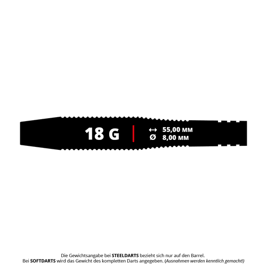 Bulls Martin Schindler The Wall Black Brass Softdarts - 18g Das Bild zeigt die Maße und das Gewicht des Produkts "Bulls Martin Schindler The Wall Black Brass Softdarts - 18g". Der Dart wiegt 18 Gramm, ist 55 mm lang und hat einen Durchmesser von 8 mm.