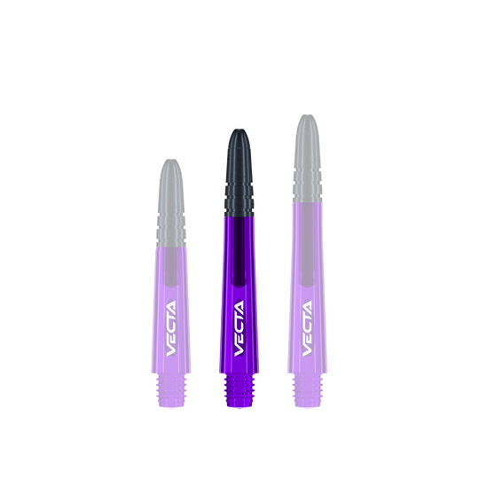 Winmau Vecta Shafts - Purple Black Das Bild zeigt drei lila und schwarze Dartschäfte der Marke Vecta. Sie sind nebeneinander aufgereiht und haben unterschiedliche Längen.