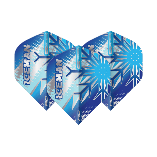 Red Dragon Gerwyn Price Blue Flake No2 Standard Flights Das Bild zeigt drei blaue Dart-Flights mit Eiskristall-Muster und dem Schriftzug "ICEMAN". Die Flights sind das Produkt "Red Dragon Gerwyn Price Blue Flake No2 Standard Flights".
