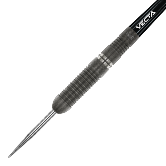 Winmau Callisto 03 Steeldarts Das Bild zeigt einen Winmau Callisto 03 Steeldart. Der Dart hat ein geriffeltes, schwarzes Barrel und eine spitze Metallspitze.