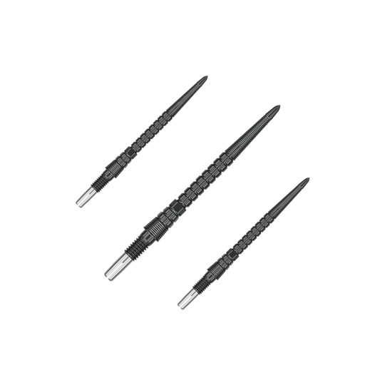 Target Chrono Swiss Storm Point Dart Tips - Black Das Bild zeigt ein Set mit mehreren schwarzen Dartspitzen. Die Spitzen liegen nebeneinander.