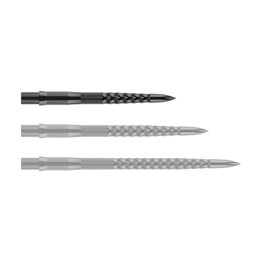 Mission Caliburn EVO Dart Tips - Ripple - Black Das Bild zeigt drei schwarze Steeldartspitzen mit einer geriffelten Oberfläche. Sie sind nebeneinander angeordnet und haben eine spitz zulaufende Form.
