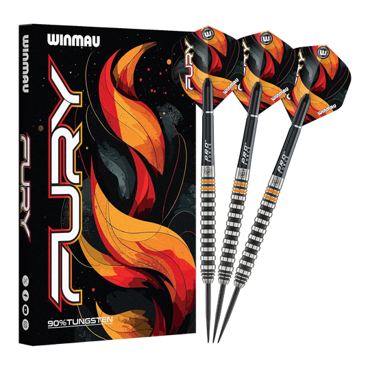 Winmau Fury steel darts - 22g Gezeigt werden die Winmau Fury Steeldarts - 22g. Diese hochwertigen Steeldarts sind für anspruchsvolle Spieler konzipiert.