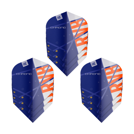 Das Bild zeigt drei Sätze von Target Pro Ultra Raymond Van Barneveld Chrono No6 Flights für Darts. Die Flights sind hauptsächlich blau mit orange-weißen Akzenten und geometrischem Design.