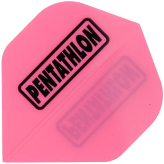 p17 Das Bild zeigt einen pinken Dartflight mit der Aufschrift "PENTATHLON" in schwarzer Schrift. Es handelt sich um das Produkt "Pentathlon Flights P17".