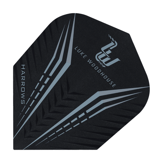 HR24_Harrows_Prime_Luke_Woodhouse_Standard_Flights_1 Das Bild zeigt einen Harrows Prime Luke Woodhouse Standard Flight. Das Design ist schwarz mit silbernen Linien und dem Namen "Luke Woodhouse" darauf.