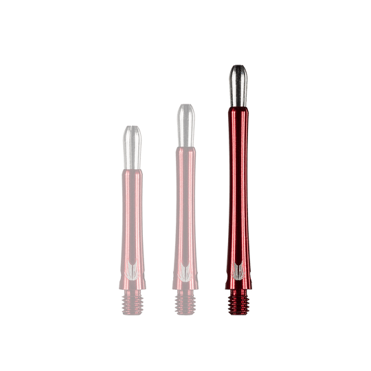 Das Bild zeigt drei rote Aluminium-Dartschäfte in unterschiedlichen Längen. Die Schäfte sind glänzend und unten mit einem Gewinde versehen.