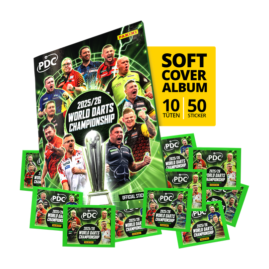 Abgebildet ist das Panini PDC World Darts Championship 2025/26 - Softcover Starter Bundle mit 10 Sticker Packs. Das Starter-Bundle eignet sich ideal für Einsteiger und Darts-Fans.