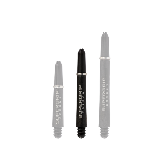 HR355_Harrows_Supergrip_Carbon_Shafts_Silber_40mm_1 Das Bild zeigt drei verschiedene Längen der Harrows Supergrip Carbon Shafts in Silber. Die Schäfte sind schwarz mit silberner Beschriftung und silbernem Ring.