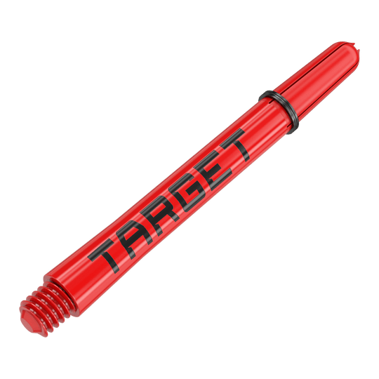 Target Pro Grip TAG Shafts - 3 Sets - Red Auf dem Bild ist ein roter Dart-Schaft mit der Aufschrift "TARGET" zu sehen. Der Schaft hat am Ende ein Schraubgewinde und einen schwarzen Gummiring.