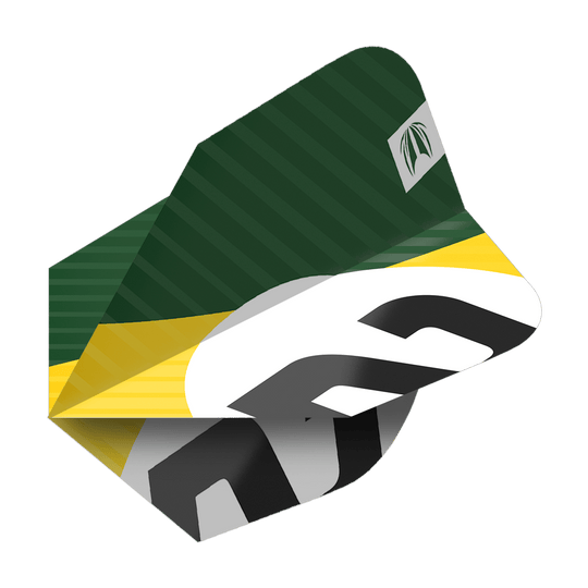 Das Bild zeigt das Produkt "Target Pro Ultra Chicane Green Ten-X Flights - 3 Sets". Die Flights sind überwiegend grün mit gelben und weißen Akzenten sowie einem markanten schwarzen Aufdruck.
