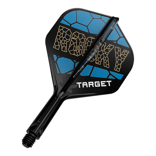 Target K-Flex Josh Rock No2 Standard Flight Shaft System Auf dem Bild ist ein Dart-Flight-System mit der Aufschrift „ROCKY“ in gelber Schrift zu sehen. Das Design ist schwarz und blau und darunter steht das Wort „TARGET“.