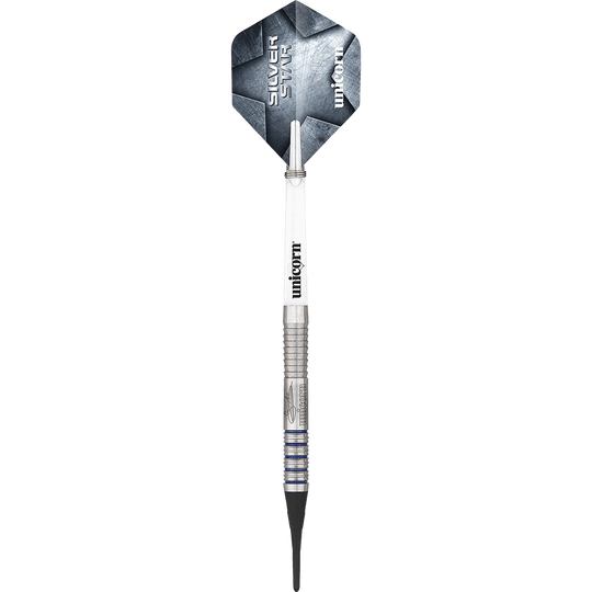 04771_Unicorn_Silver_Star_Var2_Gary_Anderson_Softdarts_1NXXE003B8Bifb Das Bild zeigt einen Softdart mit silbernem Schaft und grauer Flights. Auf dem Flight steht "Unicorn Silver Star".