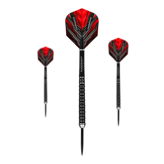 Harrows Supergrip Ultra steel darts Das Bild zeigt drei Harrows Supergrip Ultra Steeldarts mit roten Flights. Die Darts haben einen schwarzen Schaft mit silbernen Ringen und spitzen Metallspitzen.