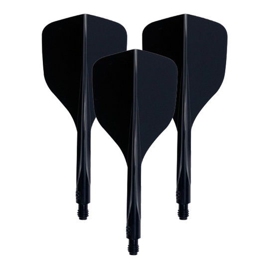 Das Bild zeigt drei schwarze Dart-Flights mit integriertem Schaft. Es handelt sich um das Produkt "Condor Axe 120 Flight-System Schwarz - Small".