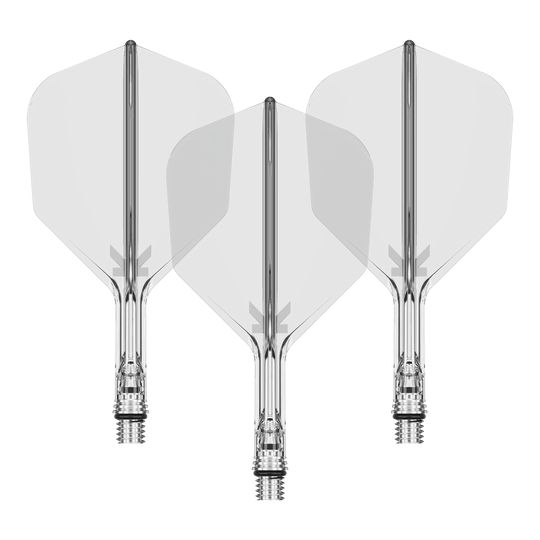 Ein Set von Target KShift No6 Dart-Flights in klarer, durchsichtiger Optik, 19 mm lang. Die Abbildung zeigt mehrere Flights als Set.