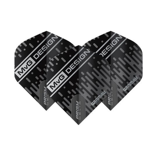 Das Bild zeigt die Winmau Prism Delta MvG 6915.214 Standard Flights. Sie sind schwarz mit silbernen Akzenten und dem Schriftzug "MvG DESIGN".