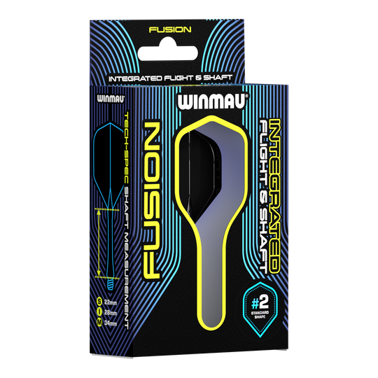Winmau Fusion Flight Shaft System Standard Black Auf dem Bild ist eine Verpackung des Winmau Fusion Integrated Flight & Shaft Systems zu sehen. Die Schachtel ist schwarz mit blauen und gelben Akzenten und enthält Flights und Shafts für Darts.