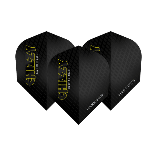 Harrow's Dave Chisnall Chizzy Series 3 Flights Das Bild zeigt drei Dartflights der Marke Harrows aus der Dave Chisnall Chizzy Series 3. Die Flights sind schwarz mit gelbem Schriftzug „CHIZZY“ und verfügen über ein dezentes Rautenmuster.