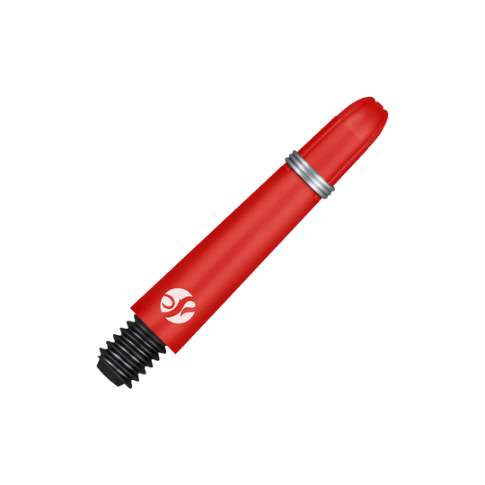 Shot Koi Carbon Shafts - Red Das Bild zeigt einen roten Dart-Schaft mit einem schwarzen Gewinde und einer silbernen Halterung. Auf dem Schaft ist ein weißes Logo abgebildet.