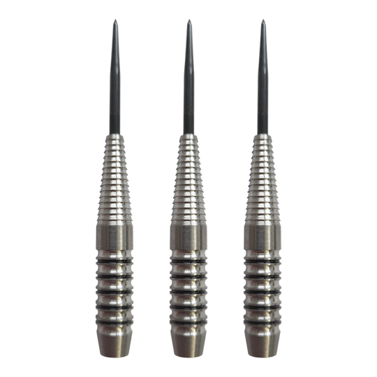 Abgebildet ist das Produkt McDart Black Ring Shark Steeldart-Barrels - 24g. Das Bild zeigt Dart-Barrels mit schwarzem Ringmuster.