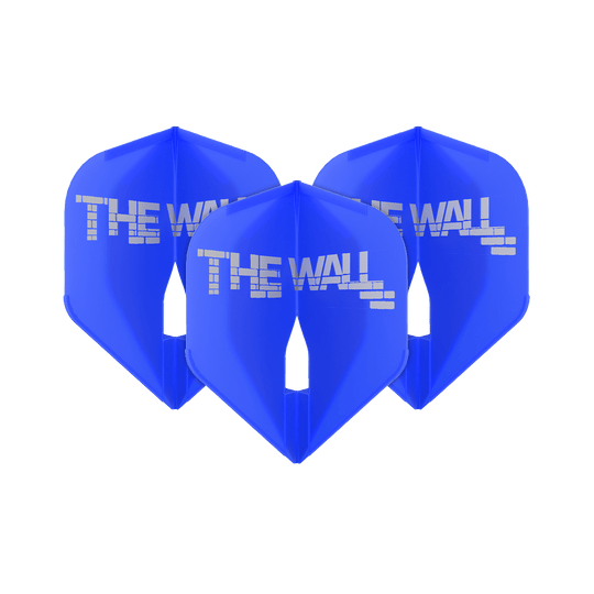 L-Style Martin Schindler Blue L1PRO Flights Das Bild zeigt drei blaue Dartflights mit der Aufschrift "THE WALL". Es handelt sich um das Produkt 'L-Style Martin Schindler Blau L1PRO Flights'.
