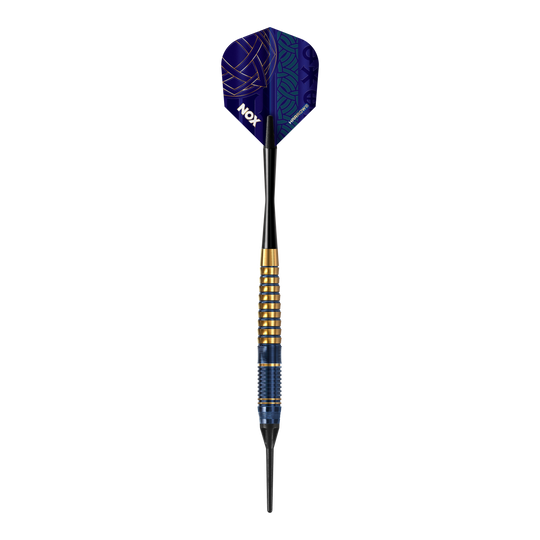 Harrows Nox Premium Brass Softdarts. Gezeigt wird ein Softdart-Set aus der Nox Premium Brass Serie von Harrows.