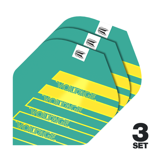Das Bild zeigt drei Sets der Target Pro Ultra Rob Cross Aqua No2 Standard Flights. Die Flights sind türkis mit gelben Streifen und dem Schriftzug "VOLTAGE".