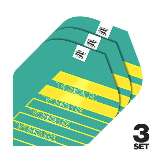 Target Pro Ultra Rob Cross Aqua No2 Standard Flights - 3 sets Das Bild zeigt drei Sets der Target Pro Ultra Rob Cross Aqua No2 Standard Flights. Die Flights sind türkis mit gelben Streifen und dem Schriftzug "VOLTAGE".