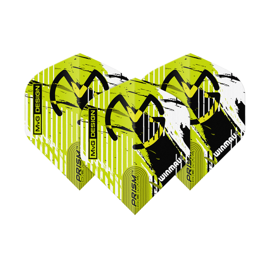Winmau Delta Michael Van Gerwen Prism 03 Standard Flights Das Bild zeigt drei Dartflights des Modells "Winmau Delta Michael Van Gerwen Prism 03 Standard". Die Flights sind gelb-schwarz-weiß gestaltet und tragen das MVG-Logo sowie die Aufschrift "PRISM DELTA" und "WINMAU".