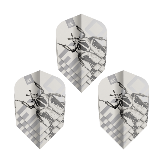 Target Pro Ultra Exo 2.0 Ten-X Flights - 3 sets Das Bild zeigt drei Sätze der Target Pro Ultra Exo 2.0 Ten-X Flights. Auf den Flights ist ein detailreiches Käfermotiv in Schwarz-Weiß abgebildet.