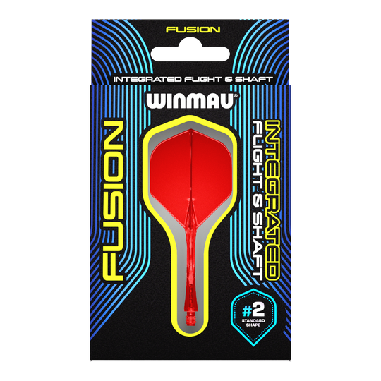 Winmau Fusion Flight Shaft System Standard Red Das Bild zeigt eine Verpackung für das Winmau Fusion Integrated Flight & Shaft System in Rot. Im Mittelpunkt ist ein integrierter Dart-Flügel mit Schaft der Größe #2 im Standard-Shape zu sehen.
