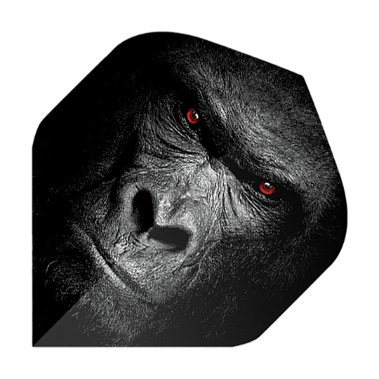 Pentathlon Flights Gorilla Das Bild zeigt ein Dart-Flight mit dem Gesicht eines Gorillas. Die Augen des Gorillas leuchten rot und der Hintergrund ist dunkel gehalten.