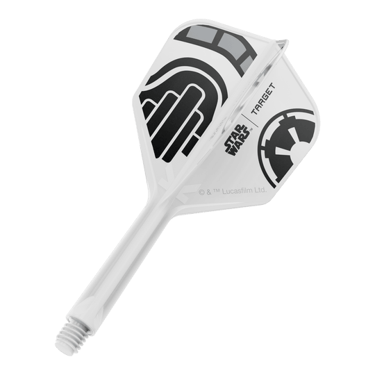 Ein Dart-Flight aus der Star Wars KFlex Stormtrooper No6 Serie ist auf dem Bild. Der Flight ist intermediate und misst 26 mm.