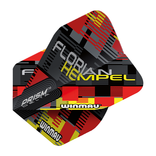 6915-259_Winmau_Prism_Delta_Florian_Hempel_Metallic_Standard_Flights_2 Das Bild zeigt die Winmau Prism Delta Florian Hempel Metallic Standard Flights. Die Flights haben ein auffälliges Design in Schwarz, Rot und Gelb mit dem Namen „Florian Hempel“ darauf.