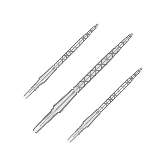 Target Swiss Storm Diamond Point Dart Tips - Silver Auf dem Bild sind drei silberne Dartspitzen mit einem rautenförmigen Muster zu sehen. Sie sind lang und schmal und liegen nebeneinander auf einem neutralen Hintergrund.
