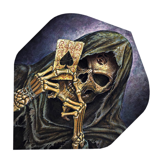 ALC2_Alchemy_Reapers_Ace_Standard_Flights_1 Das Bild zeigt einen Sensenmann mit Kapuze, der eine Spielkarte mit einem Pik-Ass hält. Die Farben sind dunkel und erzeugen eine mystische, unheimliche Stimmung.