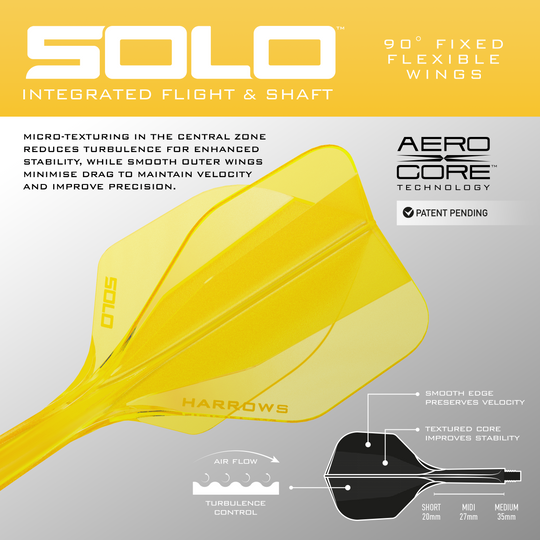 Abgebildet ist das Harrows Solo No6 Flight-Shaft-System in Gelb. Dieses Produkt wird als Teil für Dartpfeile verwendet.