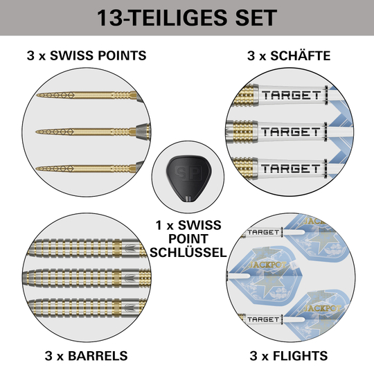 Das Foto zeigt die Target Adrian Lewis Showdown Swiss Points Steeldarts. Dieses Produkt ist ideal für ambitionierte Dartspieler.