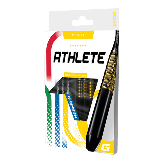 GOAT Athlete Yellow Tungsten Steel Darts Das Foto zeigt einen gelben Tungsten-Steeldart. Das Produkt wird als 'GD7000770 GOAT Athlete Yellow Tungsten Steeldarts 3' bezeichnet.